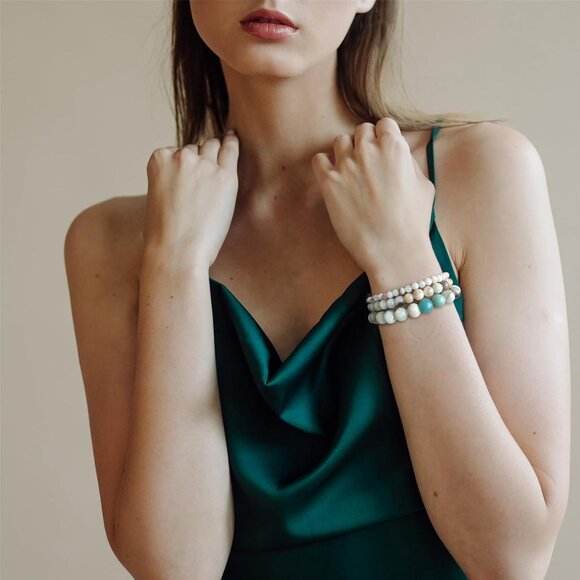 3PCS Amazonite Healing Crystal Natural Stone Beaded Stretch Bracelet for Women - Picture 3 of 6